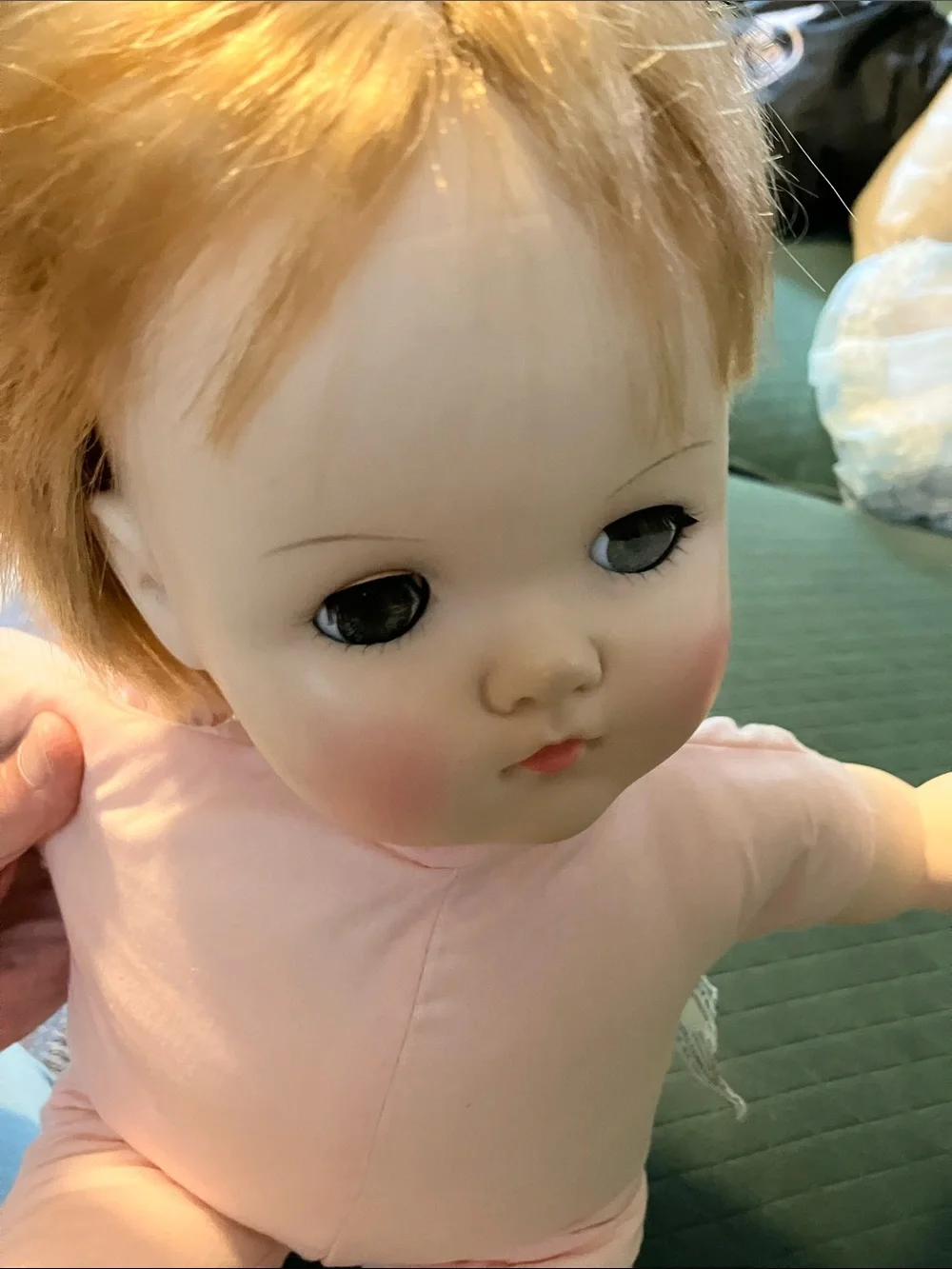 Vintage large Baby Doll in Pale Blue Dress with Bonnet 1973